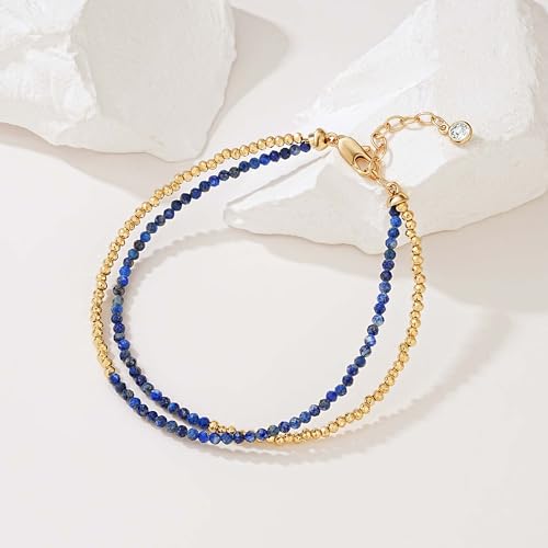 Fettero Beaded Bracelets for Women Charm Natural Stone Handmade Beads White Gold Plated Dainty Gold Bracelets Non Tarnish Boho Summer Beach Vacation Jewelry - color: Blue Lapis-Round