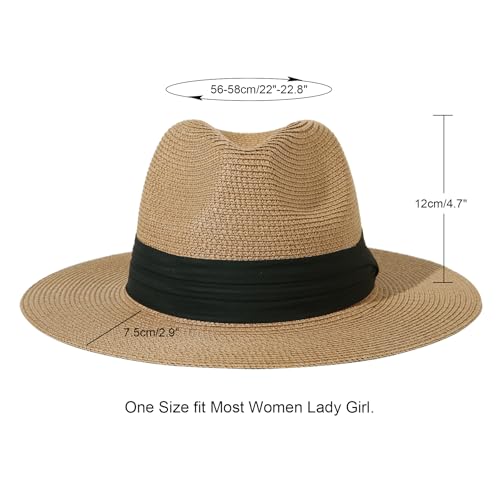 Lanzom Women Wide Brim Straw Panama Roll up Hat Fedora Beach Sun Hat UPF50+ - color: Brown/Black, size: One Size-Small