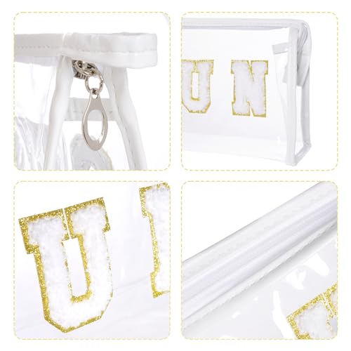 Clear Preppy Patch Makeup Bag, Sun Chenille Letter Bag for Beach, Pouch With Zipper, Travel Cosmetic Toiletry Bag for Women Girls Teens (White) - color: White