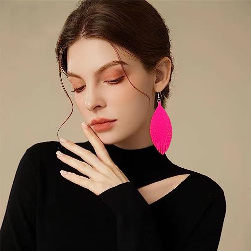 Large Genuine Soft leaf Leather Handmade Fringe Tassel Feather Lightweight Tear Drop Dangle Color Earrings for Women - color: Hot Pink