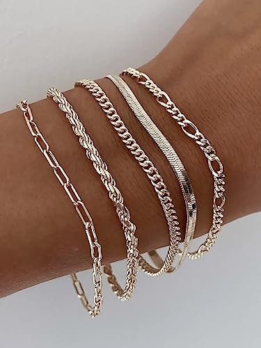 Dearmay Gold Bracelets for Women Waterproof, 14K Gold Plated Minimalist Bracelets Stack Non Tarnish Trendy Dainty Herringbone Vintage Cuban Paperclip Rope Thin Box Link Chain Stackable Jewelry Sets Modern Fashion Accessories Gifts for Womens - style: 5Pcs
