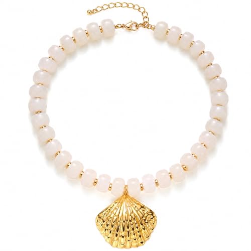 Chunky Beaded Starfish Shell Necklace for Women Colorful Boho Summer Chain Choker Beach Necklace with Acrylic Beads Trendy Chunky Jewelry Gifts - color: White