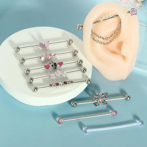 Suotarn 14G Industrial Piercing Jewelry For Women Men Stainless Steel 38 Industrial Barbell Long Cartilage Helix Conch Earrings Stud 14G Gauges Industrial Jewelry Butterfly Heart Cool 7-18pcs - color: pink