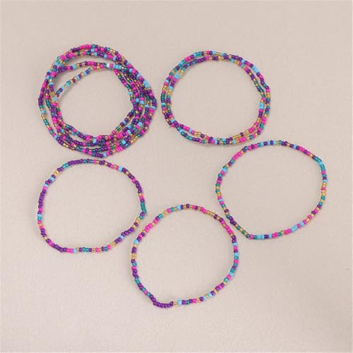 Boho Stackable Rice Beaded Bracelet Set for Women 8-10Pcs Colorful Handmade Multilayered Crystal Beads Bracelets Summer Beach Bohemian Jewelry Gift - color: A Purple