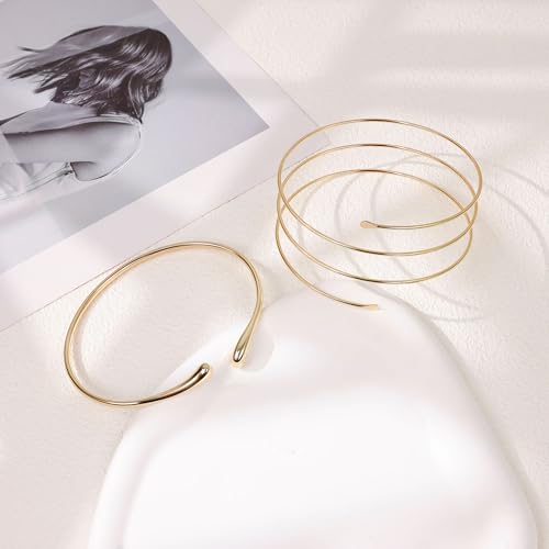 2Pcs Arm Cuff Gold Upper Arm Cuff for Women Adjustable Upper Arm Bracelets Open Irregular Arm Bangle Minimalist Coil Swirl Armlets Armband Jewelry - style: styleC gold
