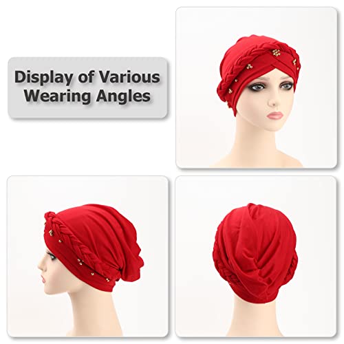 African Women Turban Caps Pre-Tied Twisted Turbans Head Scarf for Women Hair Wraps Cover Beanie Cancer Chemo Headwear - color: 1 Pack Twisted Braid: Gold Bead Burgundy