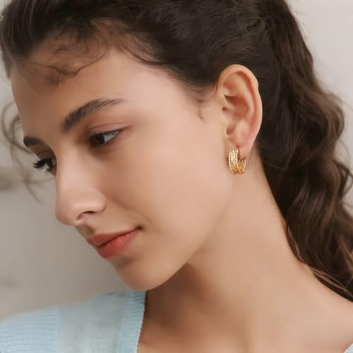 NEARLAND Gold Hoop Earrings 14K Gold Earrings for Women Gold Hoop Earrings for Womens Hoops Twisted Lines with Beaded Textures for Dimensional Look Hoops Earring for Womens