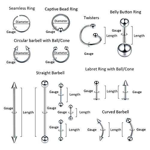 Oveta 150-151PCS Body Piercing Jewelry Lot 14G 16G 20G Stainless Steel Nose Lip Tongue Cartilage Tragus Eyebrow Industrial Barbell Belly Button Rings Piercing Kit Jewelry - style: 150pcs-Silver