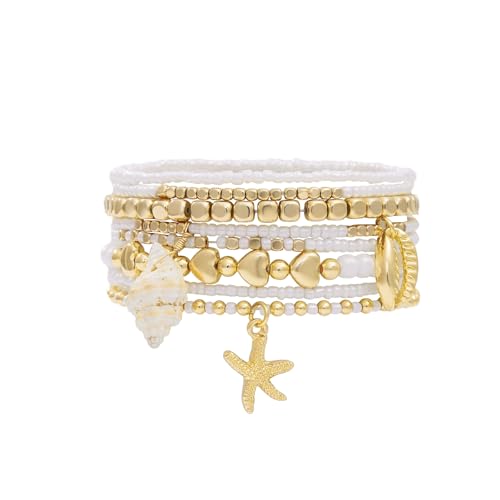 Shell Bracelet Seashell Boho Beaded Stretch Bracelets for Women Summer Beach Bracelets Starfish Charm Bracelet Stackable Gold Plated Bracelets Set for Women - color: c-white