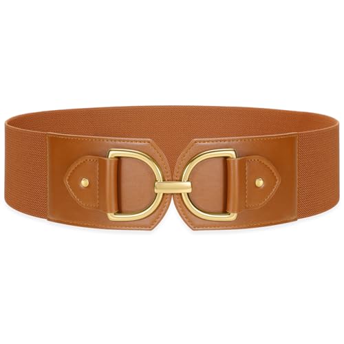 Wide Belts for Women Fashion Elastic Belt for Dresses Vintage Waist Belt Ladies Stretchy Belt Gold Buckle - color: Brown(gold), size: Fit Waist Size 31"-34"
