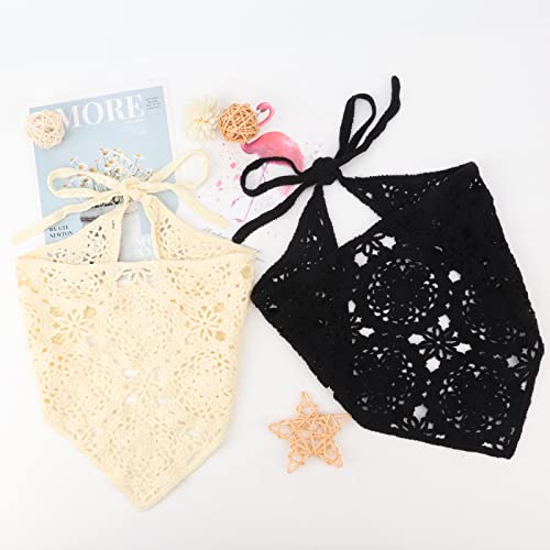 DRESHOW Floral Crochet Hair Bandana Tie Knotted Headscarf Vintage Headband Knitted Head Kerchief for Women Girls - color: 2 Pcs Black + Beige