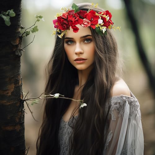 Vivivalue Rose Flower Crown Boho Flower Headband Hair Wreath Floral Headpiece Halo with Ribbon Wedding Party Festival Photos Red - color: 96