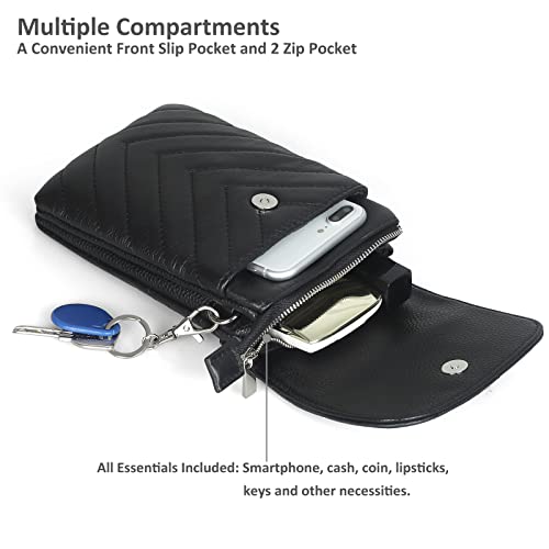 befen Genuine Leather Small Crossbody Bags for Women Cell Phone Bag Cross Body Purses,Silver Zipper - color: Chevron Quilted Black
