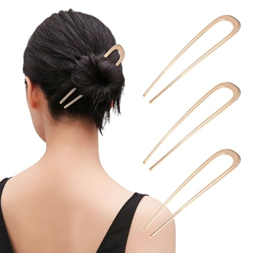 AWAYTR 3Pcs French Hair Pins for Women - Metal Hair Forks for Elegant Bun, Twist & Chignon Hairstyle Accessories (Gold) - color: Gold