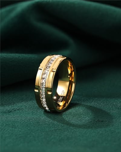 8mm Mens Gold Wedding Band with Cubic Zirconia Silver Eternity Ring CZ Inlaid 18K Gold Plated Stainless Steel Rings for Men, Rings Size 5-12 - color: Gold