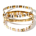 Tila Flat Square Stack Beaded Bracelets Set for Women Men, Boho 3Pcs Romantic Handmade Healing Gold Colorful Stretch Accessories Jewelry, Daily Vacation Party Holiday Friendship Gift - color: Gold White