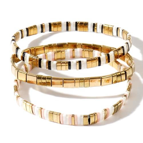 Tila Flat Square Stack Beaded Bracelets Set for Women Men, Boho 3Pcs Romantic Handmade Healing Gold Colorful Stretch Accessories Jewelry, Daily Vacation Party Holiday Friendship Gift - color: Gold White