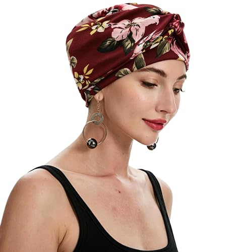 ZLYC Chemo Headwear for Women Pre Tied Turban Headwear Lightweight Beanie Hat - color: Flowers Burgundy