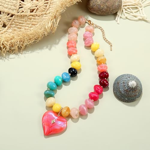 Elegance 11 designs Chunky Heart Necklace for Women, Colorful Acrylic Beaded Statement Puff Heart Necklace, Cute Boho Y2K Choker Necklace for Gift Jewelry - color: Red Heart Pendant Necklace