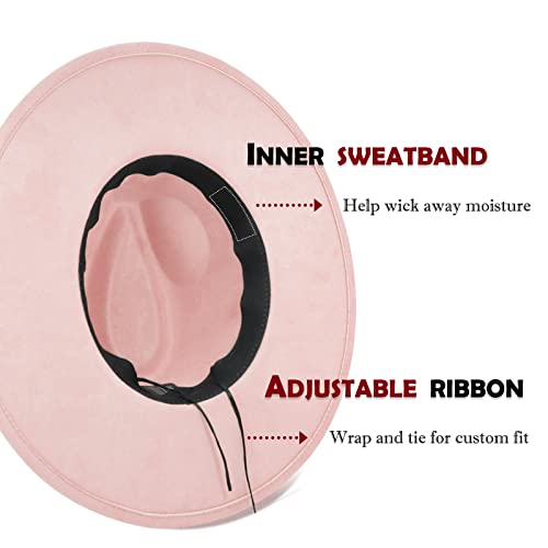 FLUFFY SENSE. Big Wide Brim Fedora Hat for Women - Nashville Outfits Western Hats Women's Felt Panama Rancher Hat - color: Rose Pink