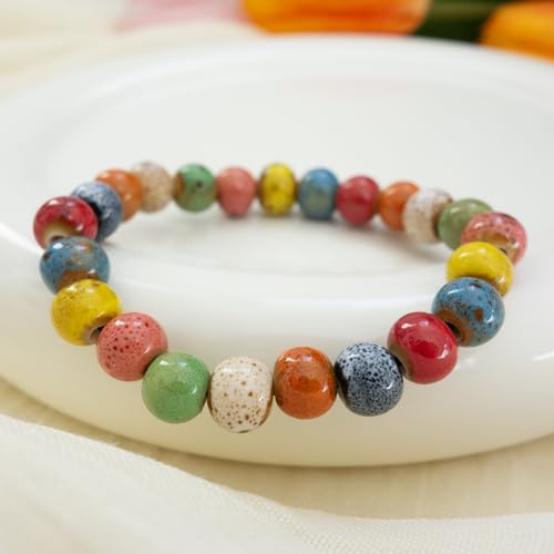 Handmade Multi-Color Faceted Ceramic Beads Bracelet for Women, Boho Stretch Bracelet with Oval Colorful Glazed Beads, Adjustable Bohemian Jewelry Gift for Mom Wife - color: colorful (8mm beads)
