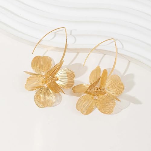 Gold Flower Statement Earrings for Women Boho Trendy Hoop Earrings Floral Dangle Petal Earring Prom Wedding Jewelry Gifts - color: B1:gold