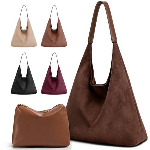 2-Piece Vegan Leather Purse Set for Women: Slouchy Hobo Shoulder Bag & Suede Tote Bag - color: Coffee