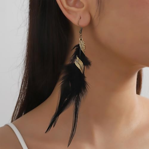 Feather Earrings for Women Bohemian Fringe Tassel Long Drop Dangle Earrings Lightweight Boho Statement earrings - color: black