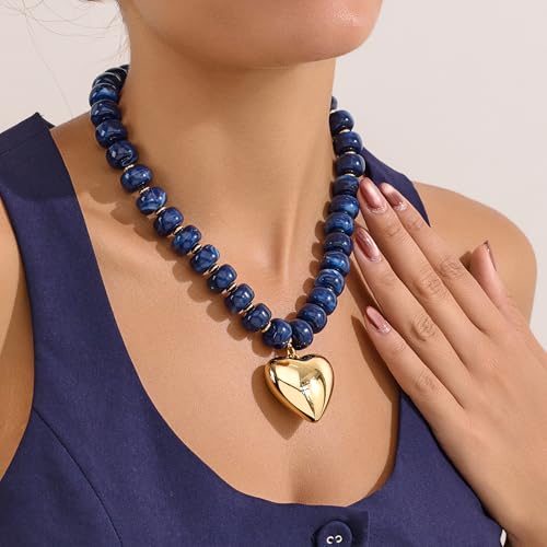 WOWORAMA Chunky Heart Necklaces for Women Colorful Resin Beaded Choker Necklace Gold Puffy Heart Statement Necklace Trendy Acrylic Choker Jewelry - color: Navy-Blue