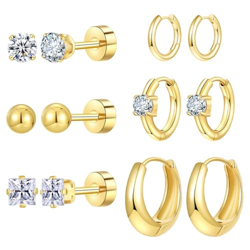 Silver Gold Plated Surgical Steel Flat Back Earrings for Women Hypoallergenic 14K Gold Plated Stud Huggie Earring Set Fashion Shell Cubic Zirconia Flatback Studs Cartilage Earrings Pack for Multiple Piercing 5/8Pairs - color: 6 Pairs Gold Plated Hoops Fla
