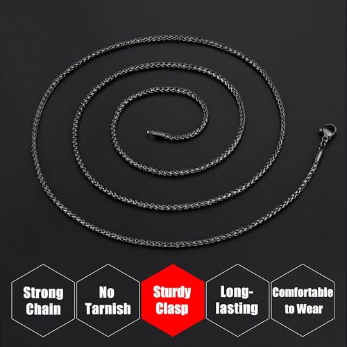 Fiusem Wheat Chains for Men and Women, 2/2.5/3/4/5mm Silver Tone/14K Gold Plated/Black Necklace Chain, Stainless Steel Mens Necklace 16-28 Inch - size: 20 Inches, style: Black 2MM
