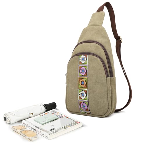 SILKAREA Canvas Sling Bag for Wome Crossbody Purse Small Sling Backpack Purse Travel Hiking Chest Bag Daypack - color: Army Green