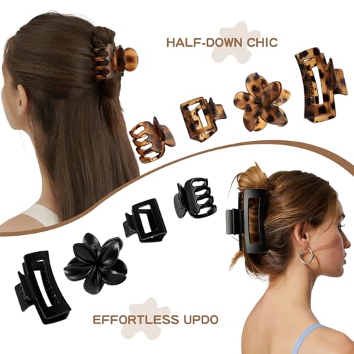 8 Pcs Matte Hair Clips for Women, Strong Hold Non-Slip Claw Clips for Girls, Flower Hair Clips for Thin Hair, Rectangle Claw Clips for Thick Hair, Neutral Colors Hair Accessories (Deep Leopard) - color: Deep Leopard