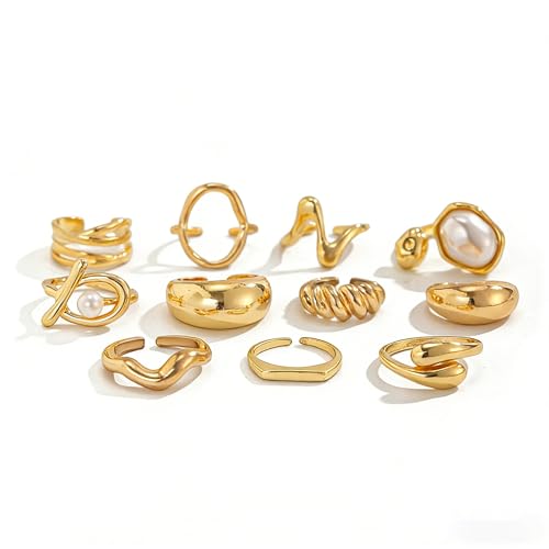 Chunky Gold Rings for Women Non Tarnish Boho Stackable Rings Set Adjustable Open Joint Finger Midi Knuckle Ring Packs - color: Gold Pearl Rings 11Pcs
