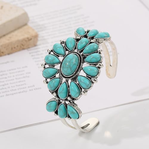 Vintage Ethnic Bohemia Turquoise Flower Colorful Stone Engraved Chunky Wrap Bangle Bracelet Retro Boho Cowgirl Western Statement Wide Open Cuff Punk Jewelry for Women - color: blue