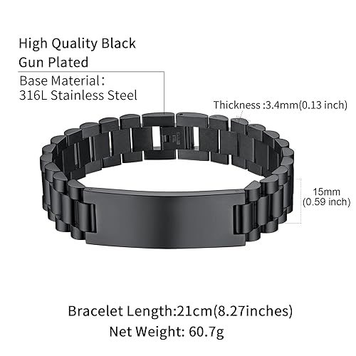 Custom Mens Bracelet Personalized Watch Band Engraved Name Bracelets for Men Customized ID Cuff Wristband Gift for Dad Husband - style: Black-Logo - 1.5cm