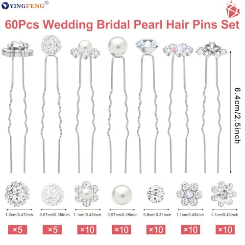 60 Pcs 7 Styles Silver Bridal Wedding Hair Pins, YINGFENG Flower Hair Clips for Women, U Shaped Crystal Pearl Hair Clips, Suitable for Brides, Bridesmaids, Women's Wedding Hair Accessories