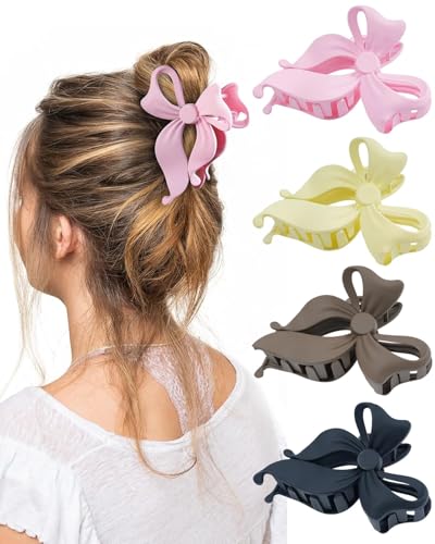 4 PCS Bow Hair Clips Bow Claw Clip for Women, Large Hair Claw Clips for Thin Thick Long Hair Cute Nonslip Bows (Black+Light Brown+Off-White+Light Pink) - color: Black+Light Brown+Off-White+Light Pink
