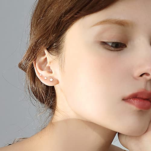 3 Pairs 925 Sterling Silver Star Stud Earrings for Women,Tiny Simple Geometric Stud Earrings Set Small Hypoallergenic Cartilage Tragus Ear Jewellery for Men (3/4/5mm) - color: 10 Rose Gold-3Pairs-3/4/5mm
