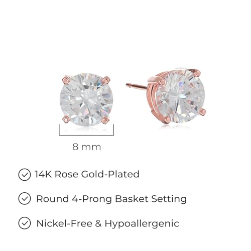 Amazon Essentials Plated Sterling Silver Cubic Zirconia Stud Earrings (Round & Princess) - color: White/Rose Gold, size: 8 mm, style: Round Cut