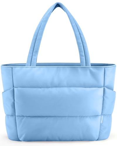 HOTOR Puffer Tote Bag for Women, Nurses - Multi-Pocket Lightweight Bag for Work - Quilted Handbag for Travel and Gym - color: Light Blue, size: 18.1" × 6.3" × 11.8"