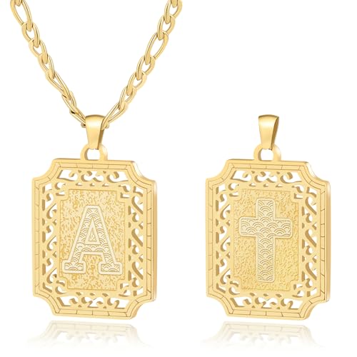 LETFLY Initial Necklaces for Women Men, 18K Gold Plated Letter Cross Pendant Necklace Alphabets A-Z Figaro Chain Jewelry Gifts - color: Square, style: Letter A
