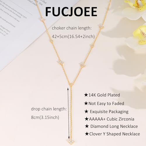 Gold Necklace for Women - Dainty Long Lariat Necklace 14K Gold Plated Clover Star Teardrop CZ Y Shaped Drop Necklaces Cute Long Necklaces for Women Trendy Prom Formal Womens Jewelry - color: Gold-Clover Drop