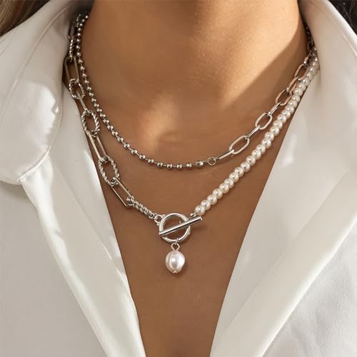 Gold Stack Necklace Chunky Necklaces for Women Trendy Coin Pendant Long Necklaces Western Jewelry for Women Cowgirl Cowboy Chic Country Outfit Boho Accessories Birthday Jewelry Gifts - color: B Silver Paperclip Pearl Chain Necklace