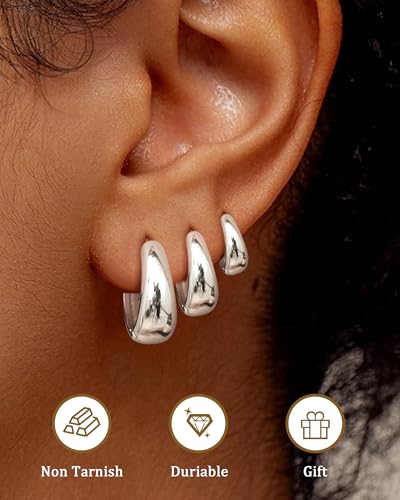BESTEEL 3Pairs 14K Gold Plated Hoop Earrings Set for Women Chunky Earring Silver Plated Hypoallergenic Small Huggie Hoops Lightweight Tiny Thick Trendy Hoop Earrings Stacks for Multiple Piercing - color: silver plated