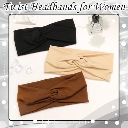 3 Pack Boho Headbands for Women Short Twist Hair Bands Stretchy Non Slip Cross Head Bandana Workout Hair Scarf Accessories - color: Black,Khaki and Coffee