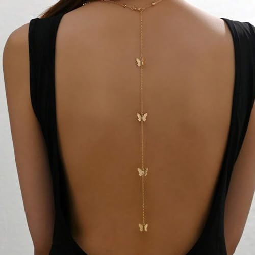Vintage Butterfly Back Chain Necklace Gold Butterfly Backdrop Necklace Body Chain Wedding Bridal Necklaces Long Y Lariat Necklaces Summer Beach Backless Dress Jewelry for Women - color: Gold