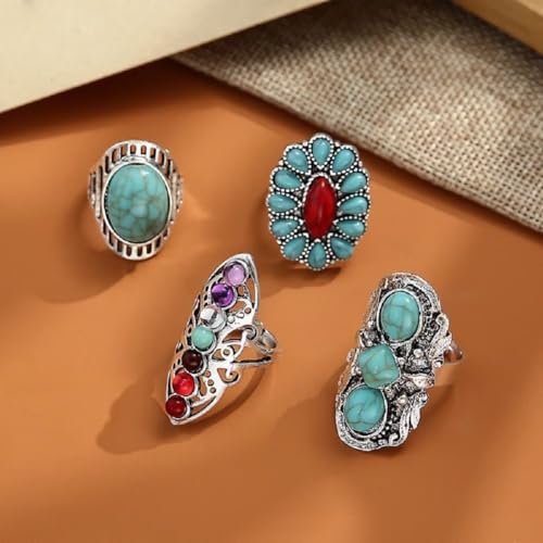 Turquoise Stackable Finger Ring Set Boho Knuckle Rings Midi Joint Carved Rings Natural Stone Adjustable Rings Victorian Handmade Jewelry Cocktail Party Birthday for Women Gift