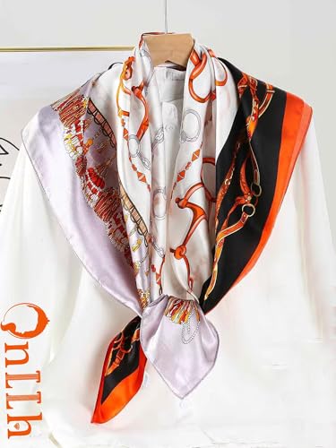 100% Mulberry Silk Scarf for Women Hair Lightweight Square Neckerchief Wrap For Head Scarves 21" - color: 10-orange Chain Clasp /21"*21"