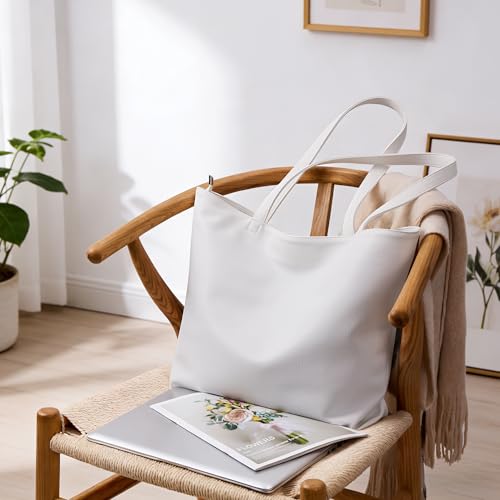 WLLWOO Soft Vegan Leather Tote Bag for Women Large Casual Hobo Handbags Zipper Shoulder Work Daily Weekender Travel Purse - color: White